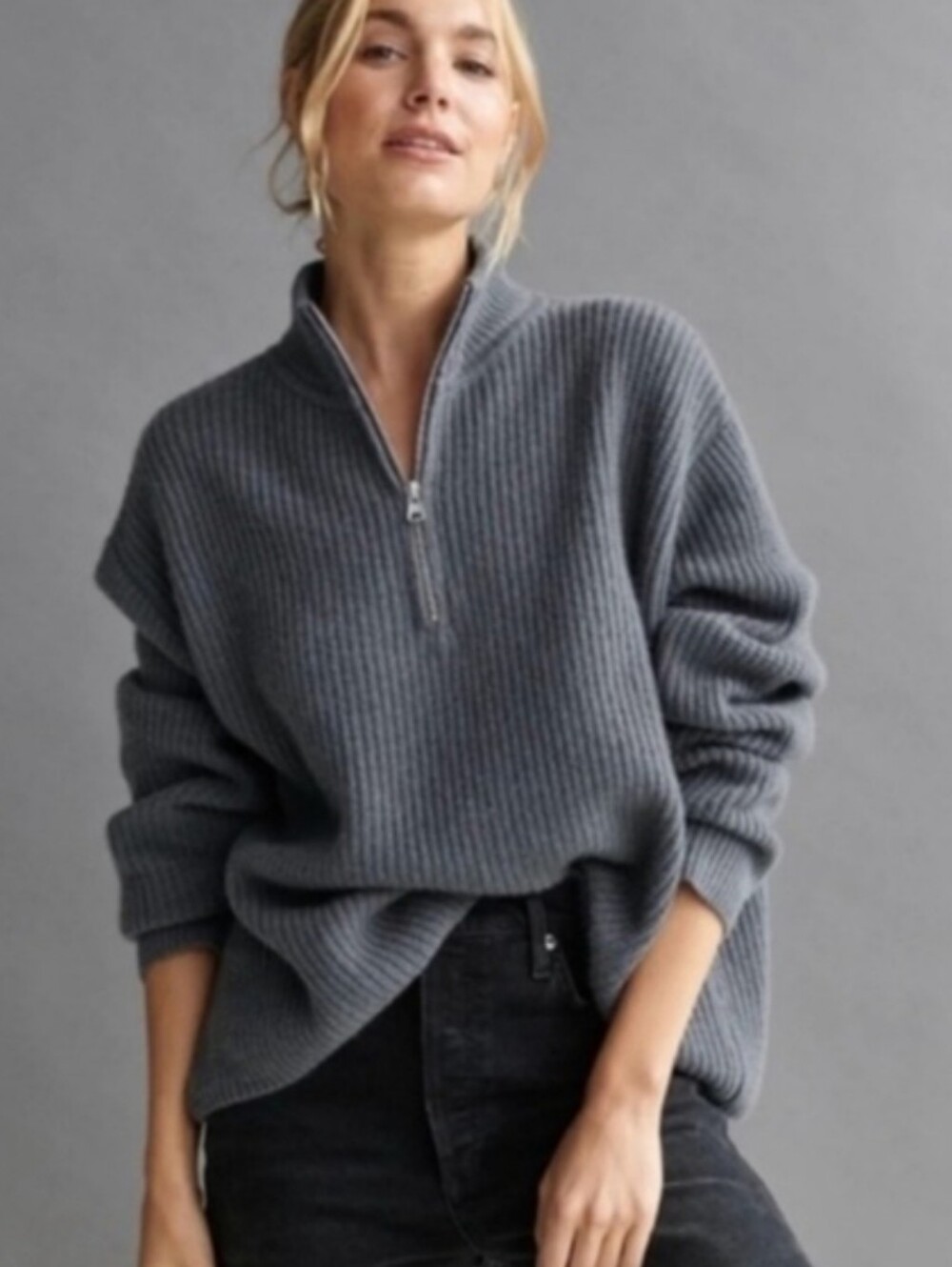 Jenni Kayne Gray Half-Zip Ribbed 100% Cashmere Sweater Size Large